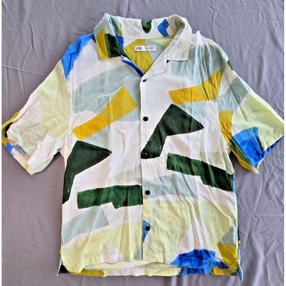 Zara Shirt Size L Color Block Retro 90s Summer Beach Nostalgic Button Up Mens